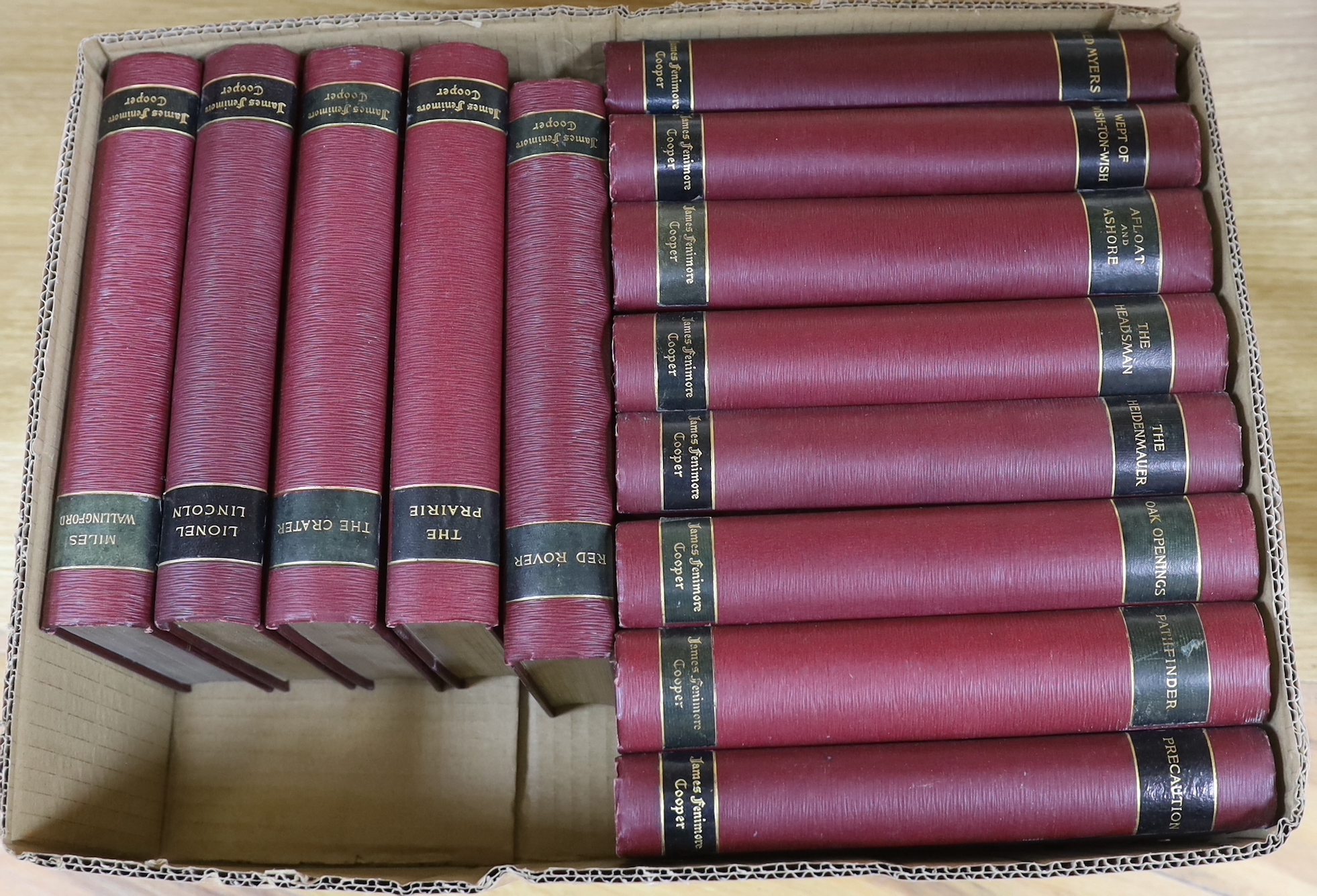 Cooper, James Fenimore – The Complete Works, 32 vols., one of 1000 sets, leather-stocking edition, original Burgundy cloth, Putnam, The Knickbocker Press, New York.